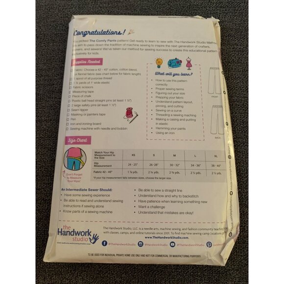 Handwork Studio Comfy Pant Sewing Pattern D0952 Size XSmall Small Meduim Large X - Picture 3 of 4